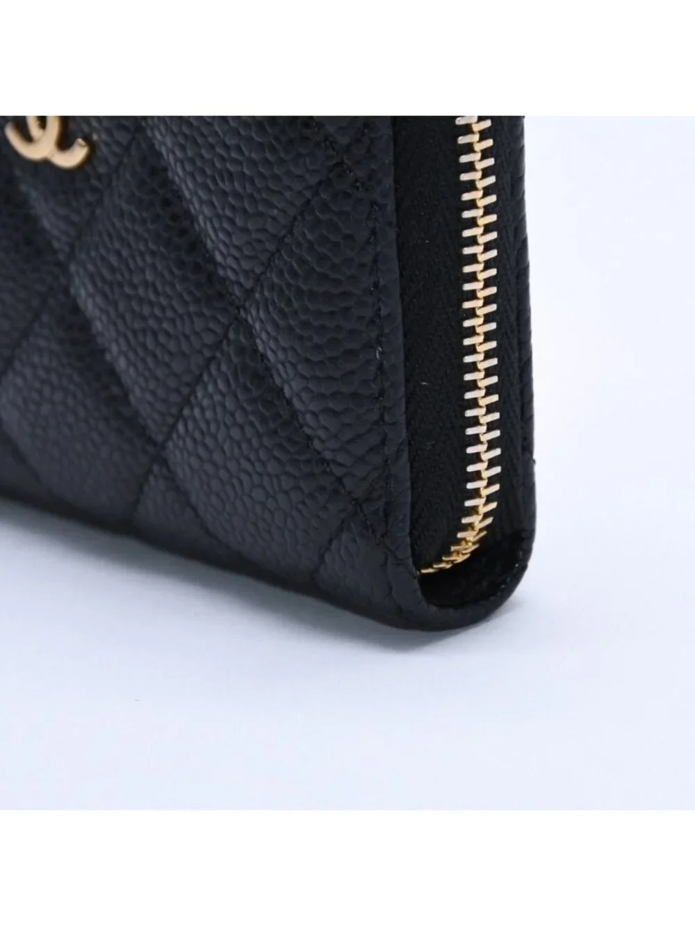 Chanel Classic Zip Coin Purse Quilted Caviar Leather Stand Black Wallet Card